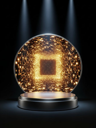 Magic crystal ball on dark background, 3d render. Magic crystal ball with lights.