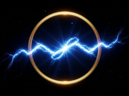 Golden circle with lightning on a black background. 3D illustration.
