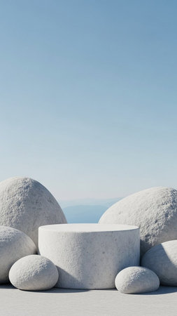 3d render of white stone podium in the desert with blue skyの写真素材