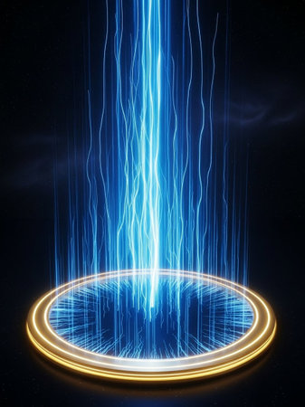 Circle show with blue light rays on black background. 3D rendering