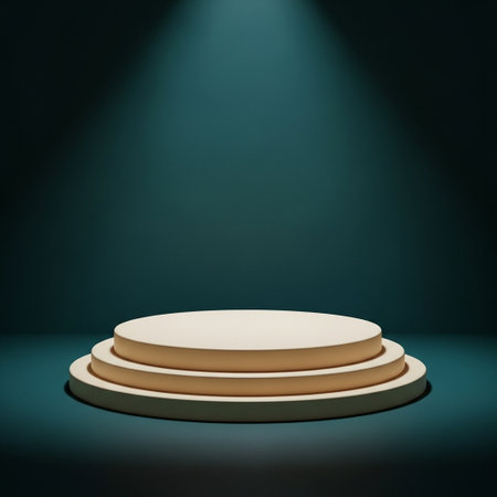 Round podium on dark green background. 3d render. Stage backdrop.
