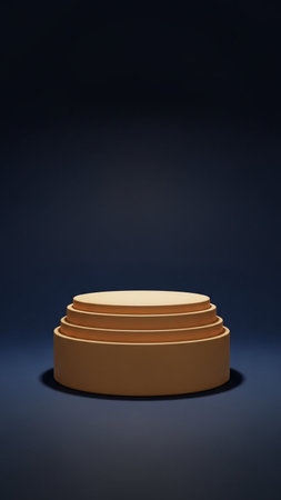 3d render of golden pedestal on dark blue background. Podium for product presentationの写真素材