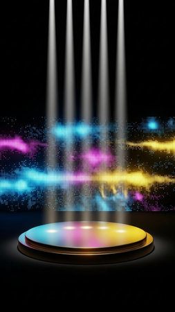 Stage podium with lighting, Stage Podium Scene with for Award Ceremony on black Background.