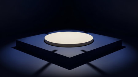 3d rendering of a round podium in a dark room illuminated by a spotlight