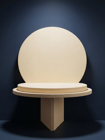 Empty round podium on blue wall background. 3d render illustration.