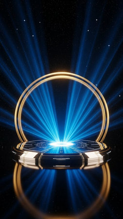 Circle with blue light rays in the space. 3d rendering