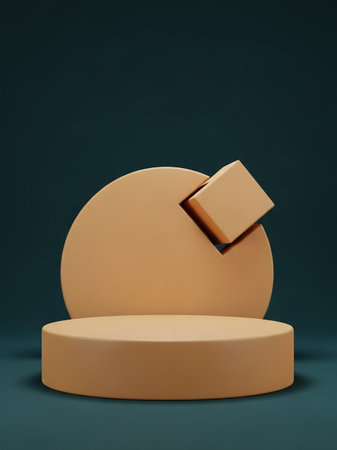3d render of abstract geometric shapes. Glossy golden podium for product presentation.
