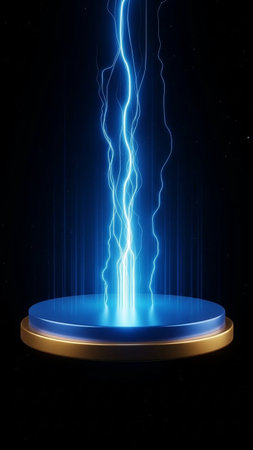 Lightning above a round pedestal on a dark background. 3D rendering