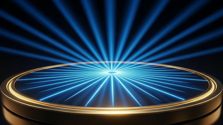 Round podium with blue rays. Abstract background. 3D rendering.の写真素材