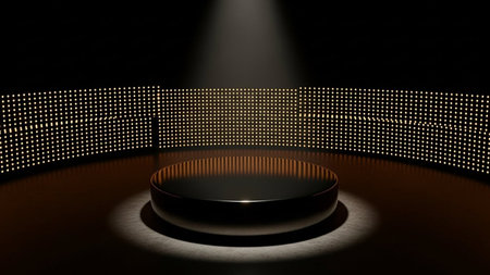 3d render of stage podium illuminated with spotlights. Abstract background.