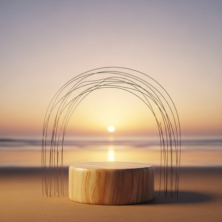 Wooden pedestal on the beach at sunset. 3d rendering
