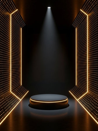 Abstract dark background with golden neon lights and round podium. 3d render