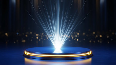 3d render, abstract background, neon light, round podium, pedestal, stage, place for product display