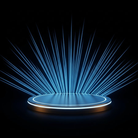 Podium, pedestal or platform illuminated by neon lights. 3D rendering