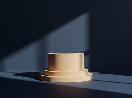 3d rendering of golden podium for product presentation in dark room.の写真素材