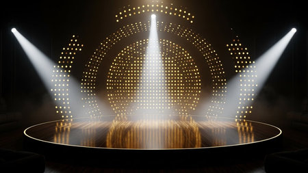 Spotlights illuminate the stage in a dark room. 3d rendering