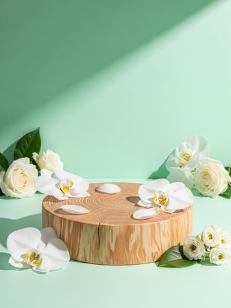 Wooden podium with white orchids and leaves on green backgroundの写真素材
