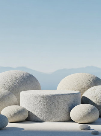 White stone pedestal on blue sky background. 3D rendering.の写真素材