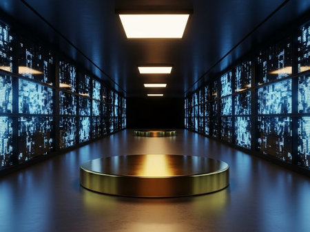 Abstract dark room with empty round podium. Mock up, 3D rendering