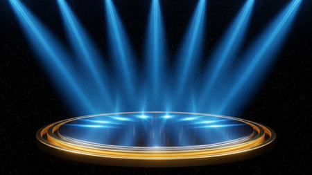 Empty stage with spotlights. Laser show. 3d render illustration