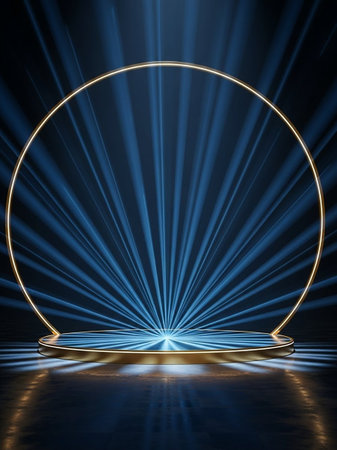Abstract blue background with round podium and rays of light. 3d renderの写真素材