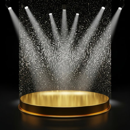 Podium illuminated with spotlights. Award ceremony concept. 3D renderの写真素材