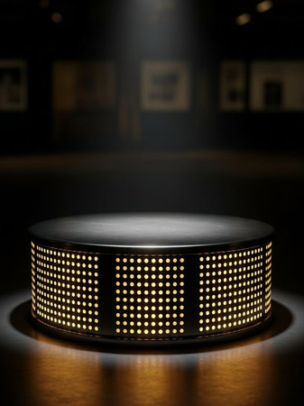 Round stage with spotlights in a dark room. 3d render