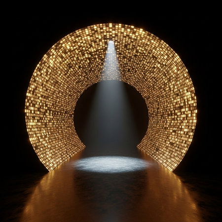 3d rendering of a golden tunnel with a spotlight in the middle