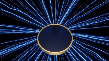 Circle with blue neon lines on dark background. 3D rendering