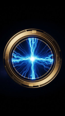 Blue electric lightning in a circle on a dark background. 3D illustrationの写真素材