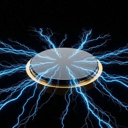 Lightning strike on round gold podium. 3D render illustration.の写真素材