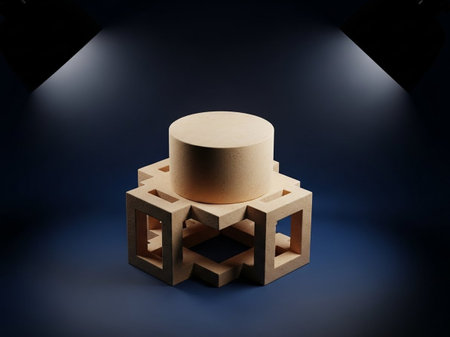 3d render of wooden podium on black background with spotlights.