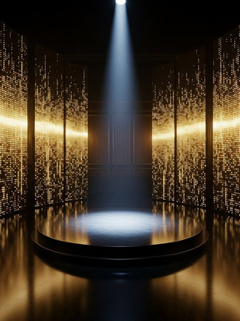 3D rendering of a stage in a dark room illuminated by spotlights