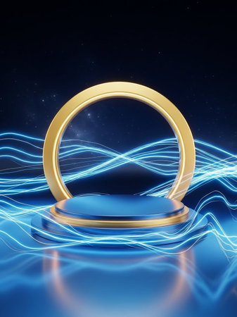 Abstract blue background with golden round podium and blue waves. 3d renderの写真素材