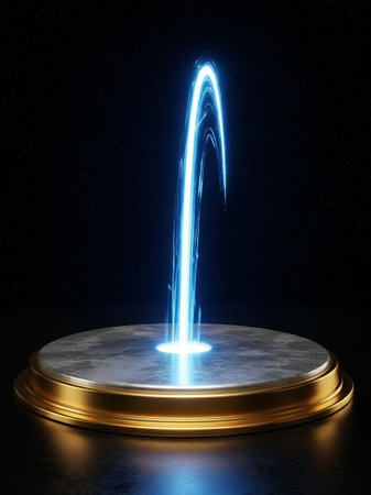 3d rendering of a golden podium with a blue light in itの写真素材