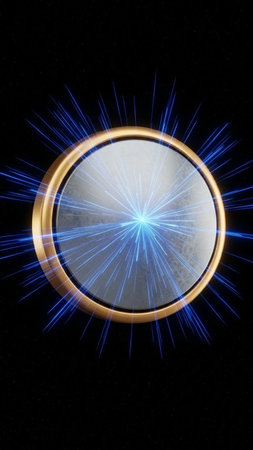Golden button with blue light rays on a black background. 3d rendering
