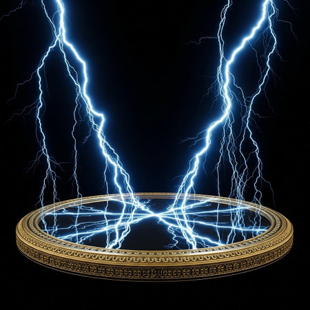 Round pedestal with lightning on a black background. 3d rendering