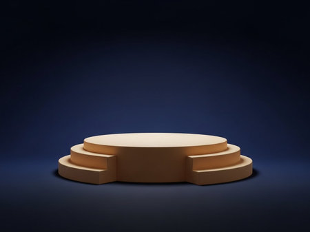 Golden podium on blue background. 3d render. Round stage.の写真素材