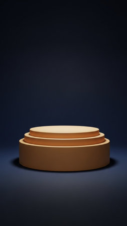 Round podium on dark blue background. 3D rendering. Computer digital drawing.