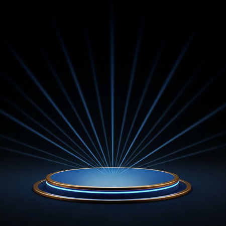 Blue round podium on a dark background. 3d rendering. Computer digital drawing.