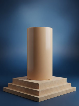 Cylindrical stand on blue background. 3D rendering.の写真素材