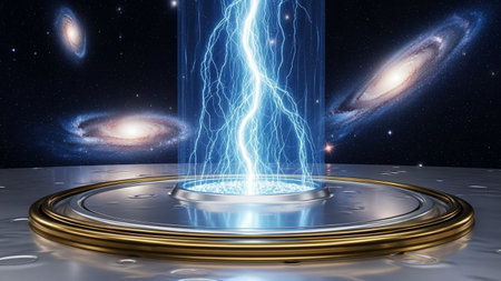 3d render of a futuristic stage with lightning and planets in the backgroundの写真素材