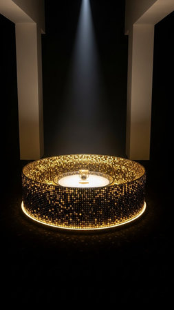 Bathtub illuminated in a dark room with a spotlight in it