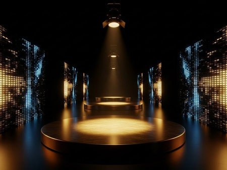 3D rendering of a stage illuminated by spotlights in a dark room