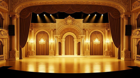 interior of theater with golden curtains and stage lights, 3d render