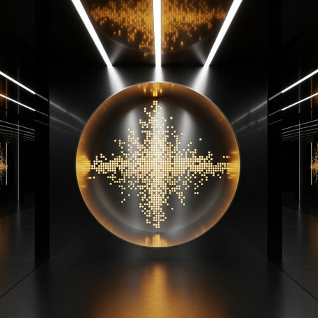 abstract 3d illustration of modern interior with glowing sphere, lights and reflections