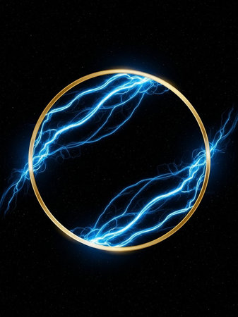Golden circle with blue electric lightning on black background. 3D renderingの写真素材