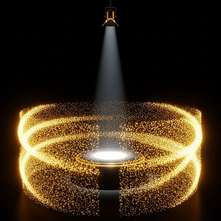 Spotlight illuminating the stage. 3d illustration. Glowing spotlights on a black background.