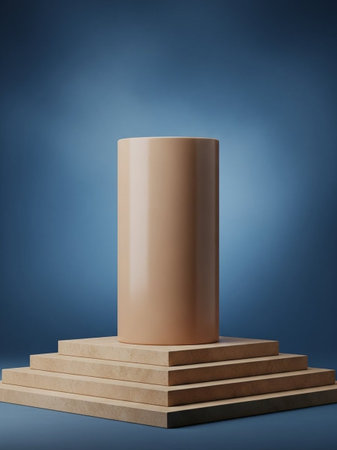 3d rendering of beige pedestal on blue studio background.の写真素材