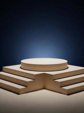 3d rendering of podium for product display in dark blue background.